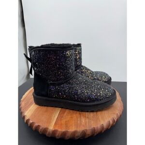UGG Mini Bailey Bow Glitter Boots Women‎ 6 Black Multi Cosmic Sparkle 1107073